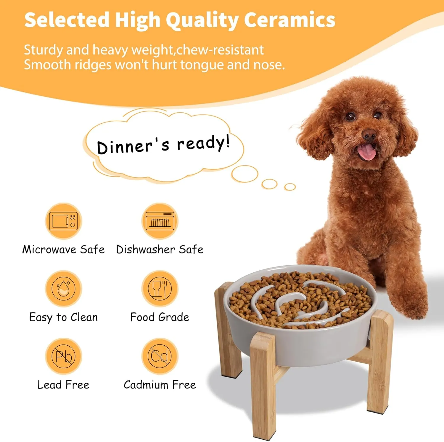 Elevated Slow Feeder Dog Bowl - Raised Ceramic Dog Bowl with Anti-Slip Stand - Fun Maze Dog Feeding Bowl for Fast Eater - Heavy Dog Food Dish - Designed for Small and Medium Dogs - Grey - 6.7 inch