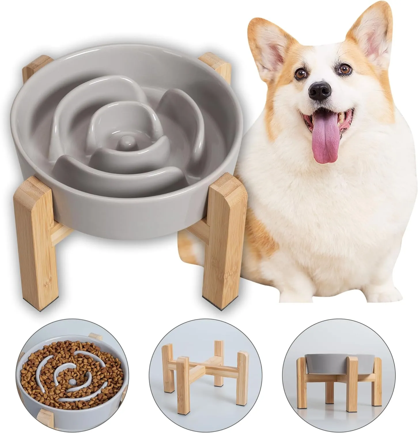 Elevated Slow Feeder Dog Bowl - Raised Ceramic Dog Bowl with Anti-Slip Stand - Fun Maze Dog Feeding Bowl for Fast Eater - Heavy Dog Food Dish - Designed for Small and Medium Dogs - Grey - 6.7 inch