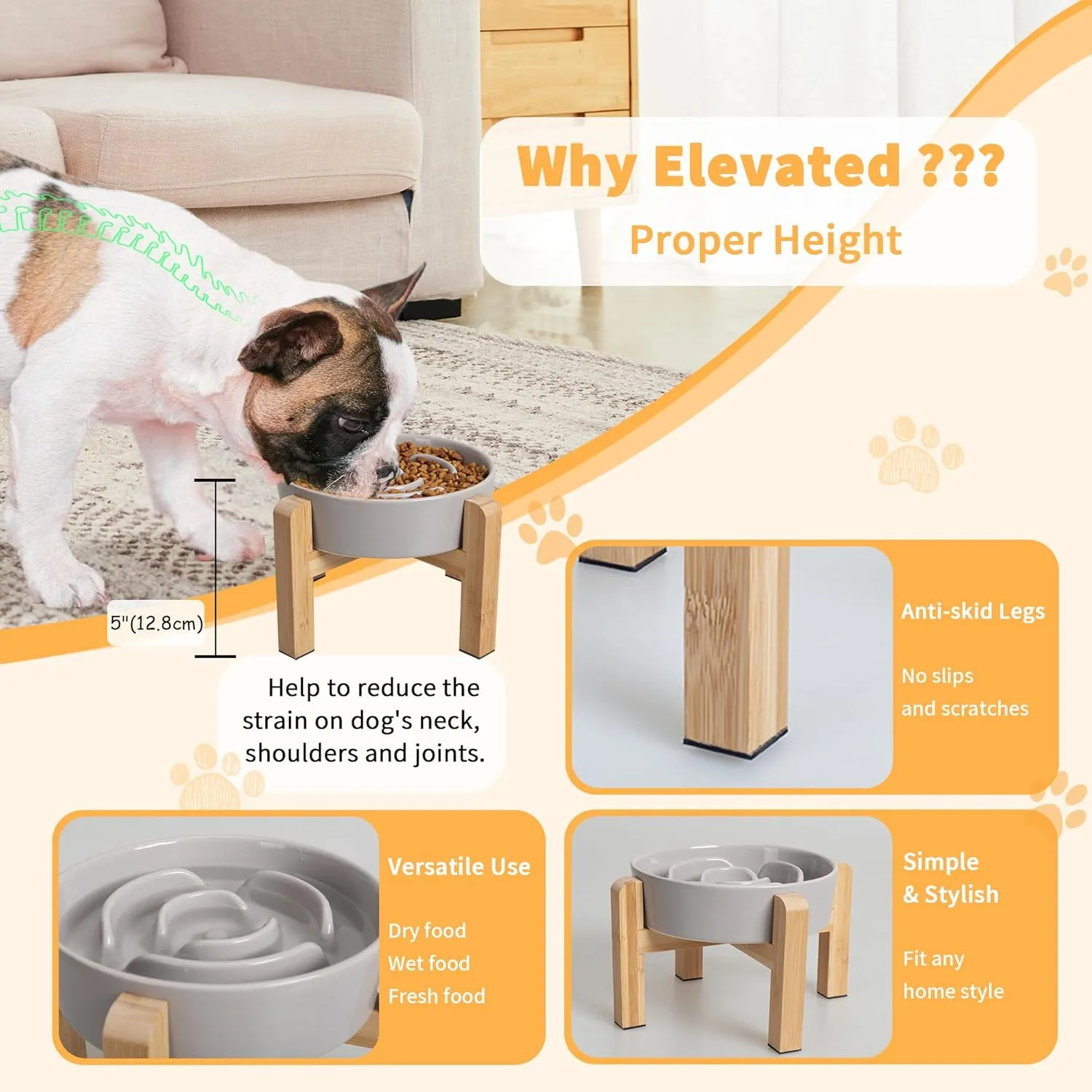 Elevated Slow Feeder Dog Bowl - Raised Ceramic Dog Bowl with Anti-Slip Stand - Fun Maze Dog Feeding Bowl for Fast Eater - Heavy Dog Food Dish - Designed for Small and Medium Dogs - Grey - 6.7 inch