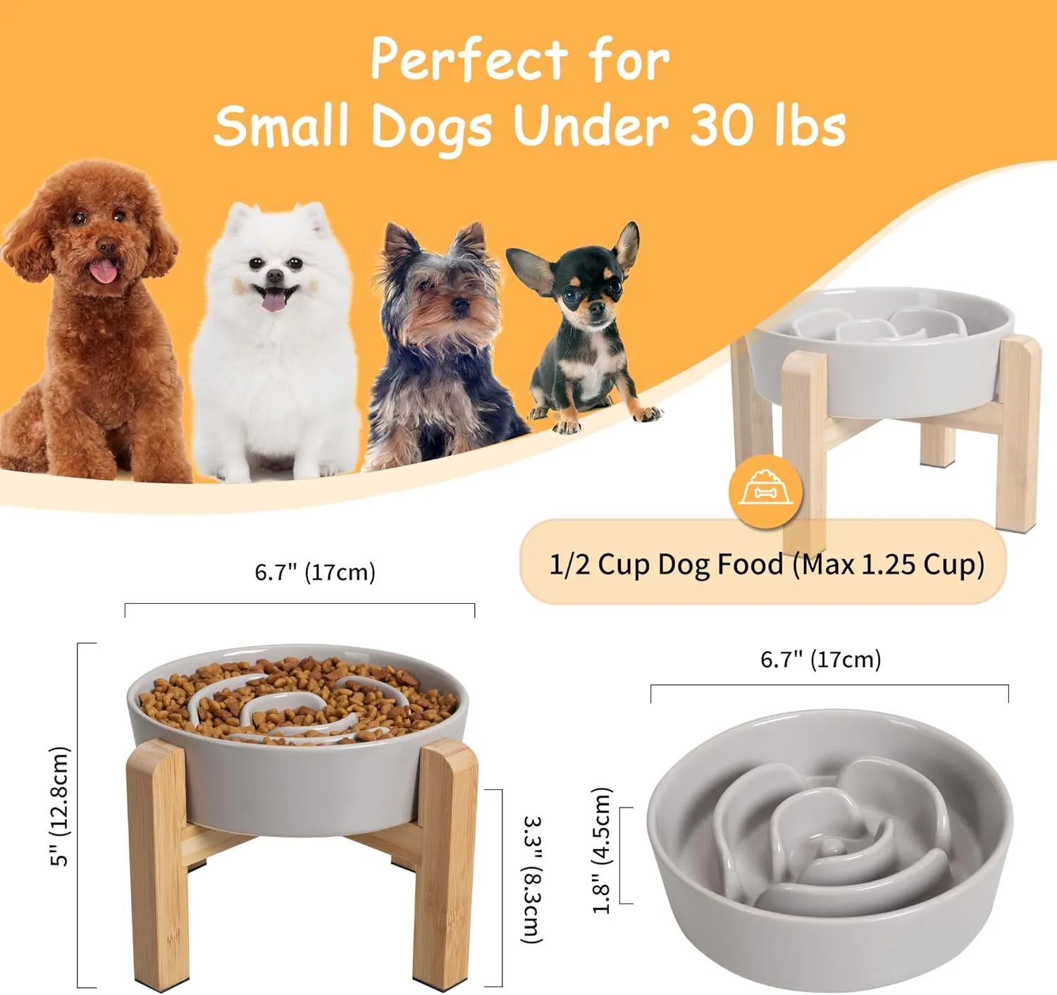 Elevated Slow Feeder Dog Bowl - Raised Ceramic Dog Bowl with Anti-Slip Stand - Fun Maze Dog Feeding Bowl for Fast Eater - Heavy Dog Food Dish - Designed for Small and Medium Dogs - Grey - 6.7 inch