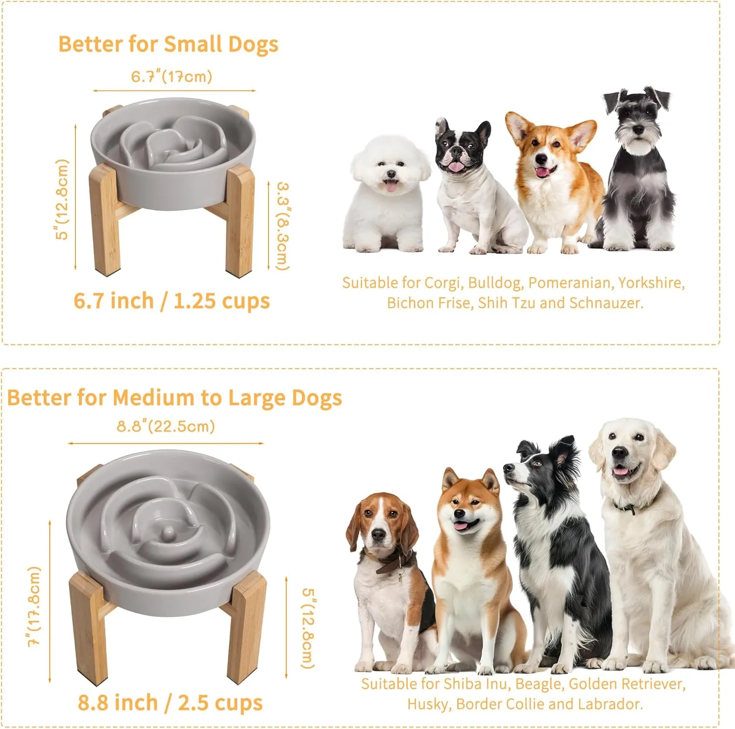 Elevated Slow Feeder Dog Bowl - Raised Ceramic Dog Bowl with Anti-Slip Stand - Fun Maze Dog Feeding Bowl for Fast Eater - Heavy Dog Food Dish - Designed for Small and Medium Dogs - Grey - 6.7 inch