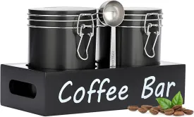 ELLDOO Coffee Containers with Shelf & Scoop - 2 Pcs 23.7OZ(700 ML) Black Metal Coffee Storage Jars with Airtight Lid, Kitchen Food Storage Jars for Coffee Beans, Coffee Powder, Nuts, Snack, Sugar, Tea