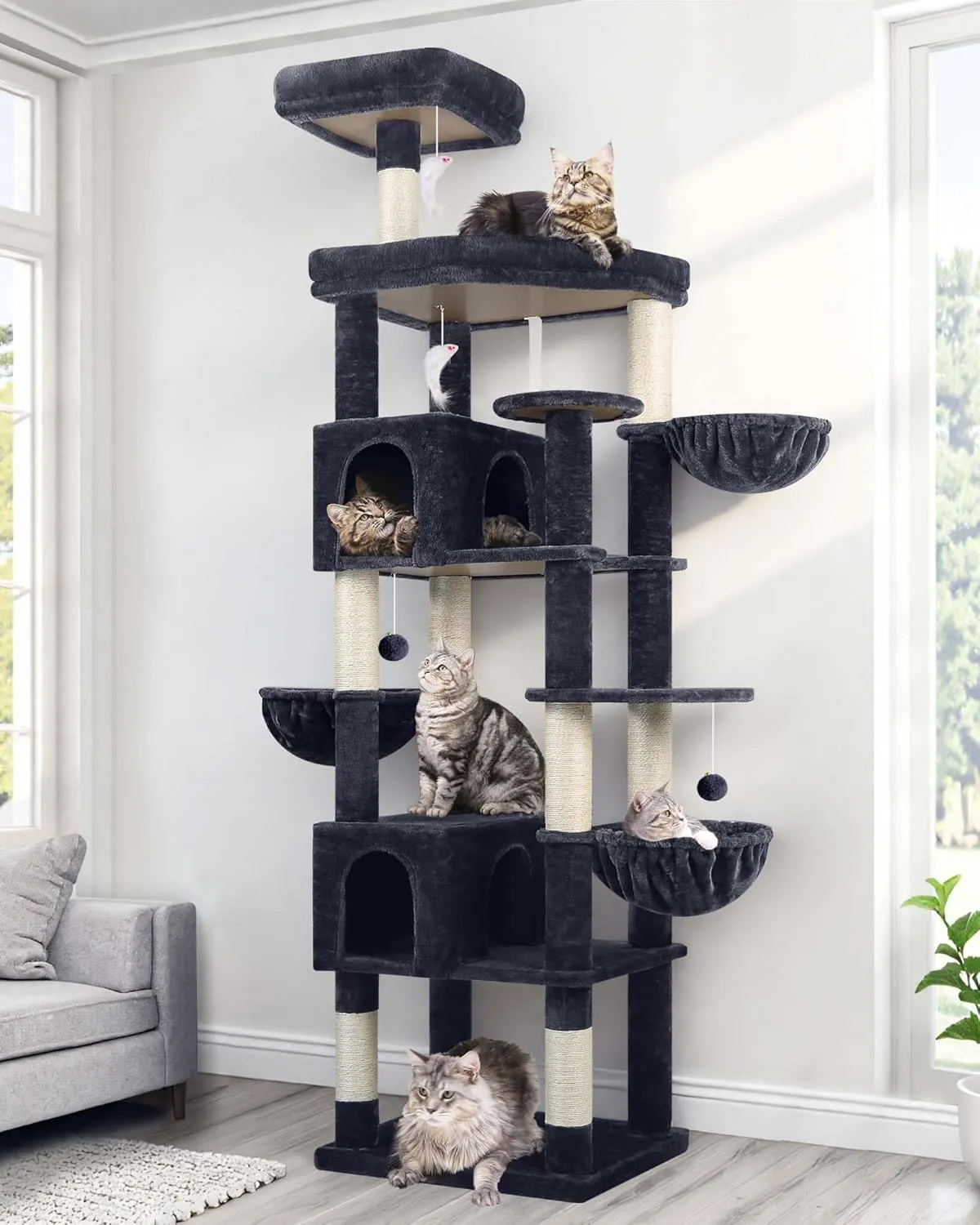 Extra Large Cat Tree Tower, 82in Tall Heavy Duty Cat Tree for Indoor Cats Large Adult Big Cat Tower with 8 Scratching Posts, 2 Cat Condos, 2 Padded Perches, 3 Hanging Baskets, S82, Dark Gray