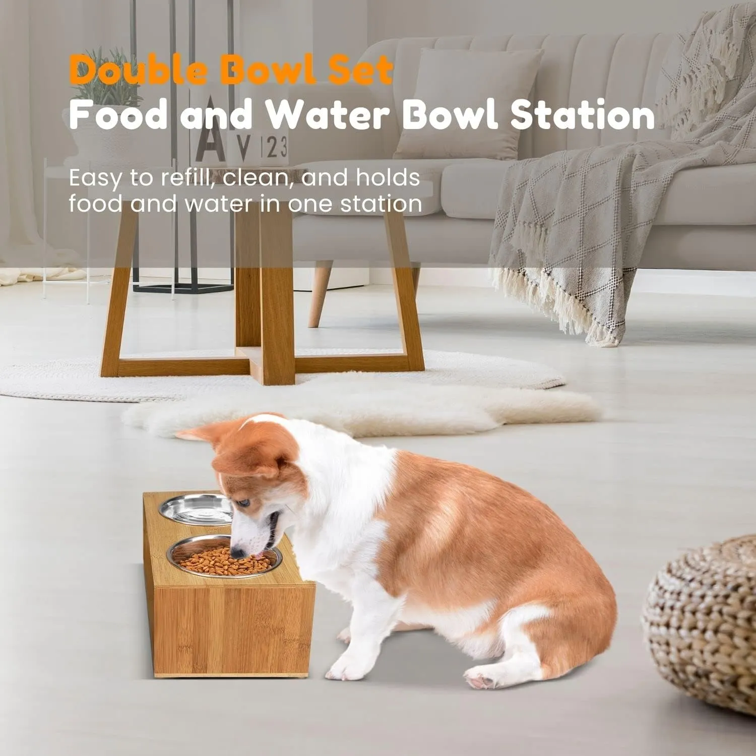 Flexzion Elevated Dog Bowl Stand Raised Dog Bowl Holder Pet Feeding Station Dish Riser 14 Oz 4.7-Inch Tall Food and Water Platform Stainless Steel Raised Food Bowl for Dogs and Cats with Wooden Stand