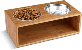 Flexzion Elevated Dog Bowl Stand Raised Dog Bowl Holder Pet Feeding Station Dish Riser 14 Oz 4.7-Inch Tall Food and Water Platform Stainless Steel Raised Food Bowl for Dogs and Cats with Wooden Stand