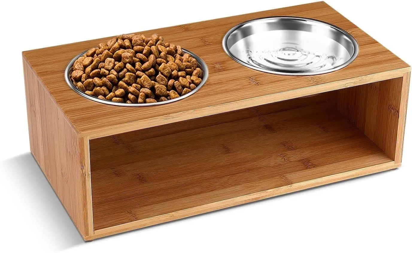Flexzion Elevated Dog Bowl Stand Raised Dog Bowl Holder Pet Feeding Station Dish Riser 14 Oz 4.7-Inch Tall Food and Water Platform Stainless Steel Raised Food Bowl for Dogs and Cats with Wooden Stand