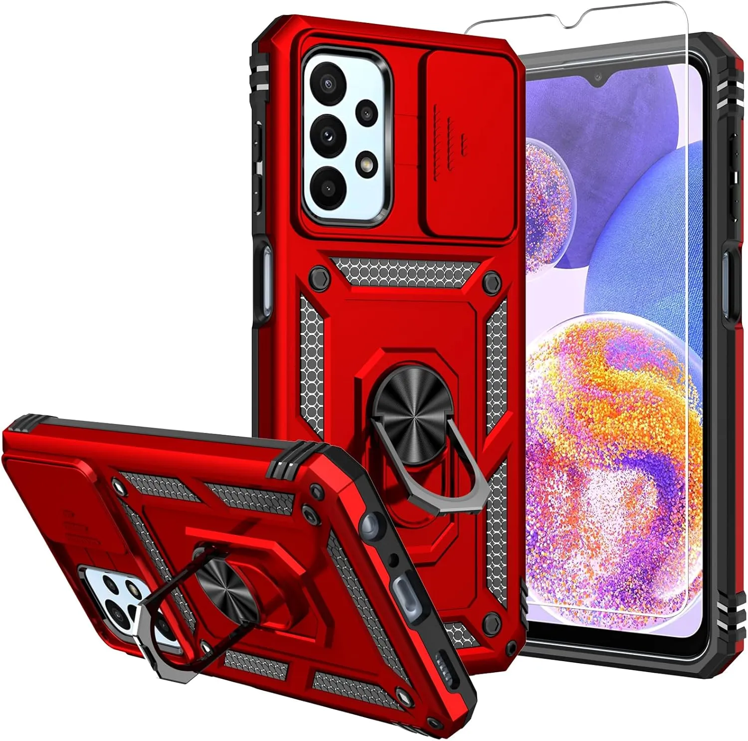 for A23 5G Case,with Screen Protectors and Camera Cover,[Military Grade] 16ft.Drop Tested Cover with Magnetic Kickstand Protective Case for Galaxy A23 5G, Red