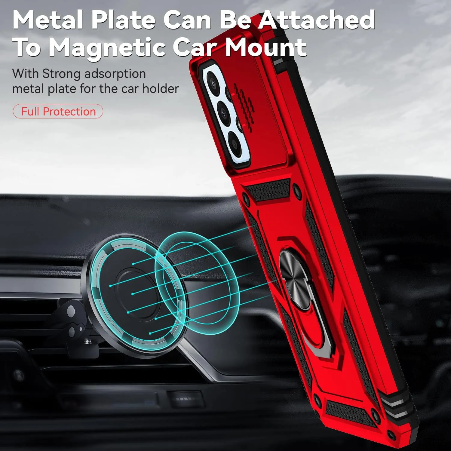 for A23 5G Case,with Screen Protectors and Camera Cover,[Military Grade] 16ft.Drop Tested Cover with Magnetic Kickstand Protective Case for Galaxy A23 5G, Red