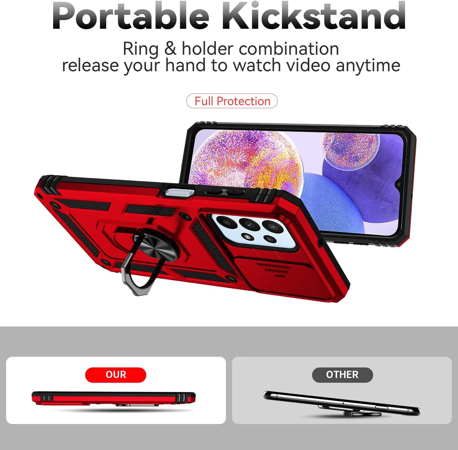 for A23 5G Case,with Screen Protectors and Camera Cover,[Military Grade] 16ft.Drop Tested Cover with Magnetic Kickstand Protective Case for Galaxy A23 5G, Red