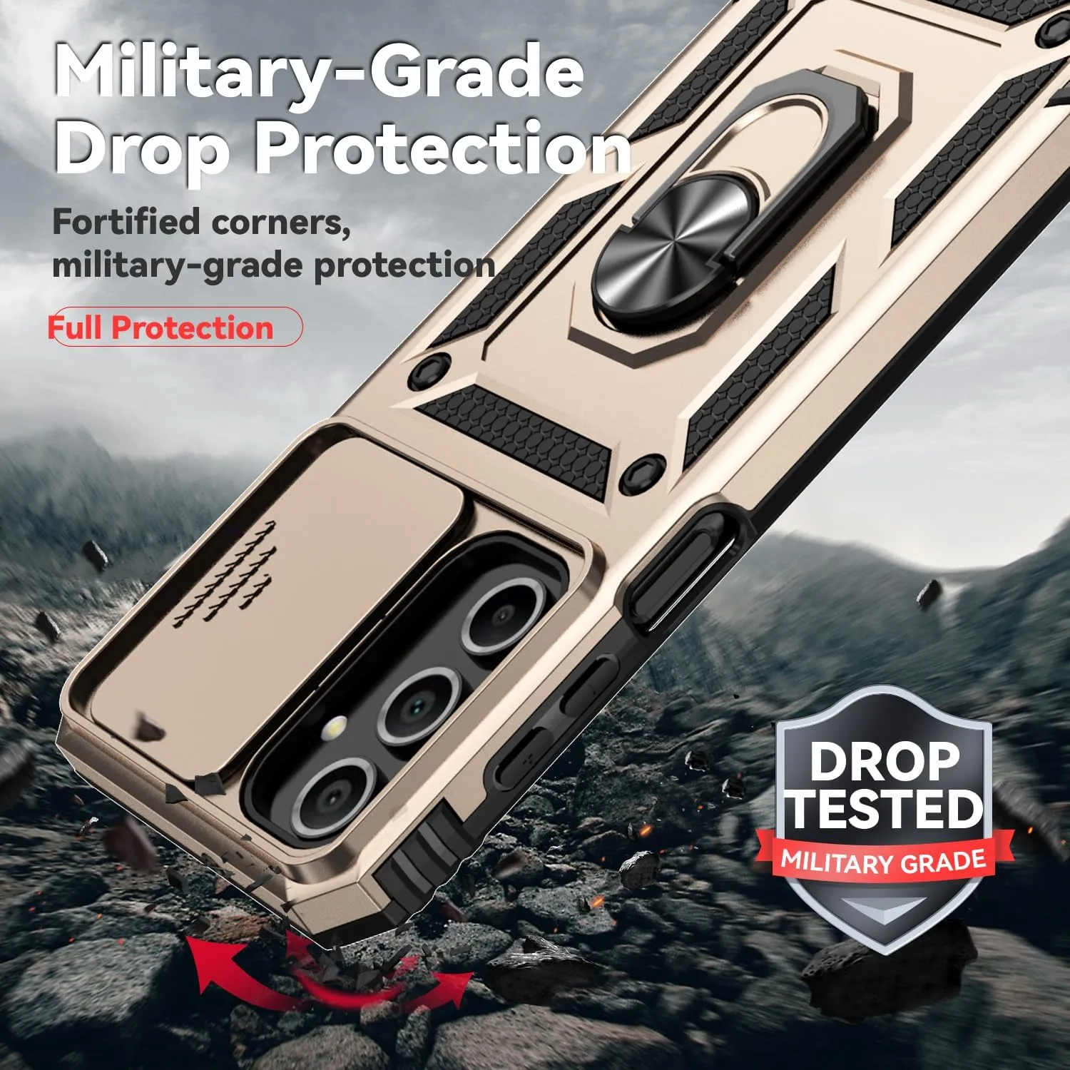 for Galaxy A16 5G Phone Case, A16 5G Case,with Screen Protectors and Camera Cover,[Military Grade] 16ft.Drop Tested Cover with Magnetic Kickstand Protective Case for Samsung Galaxy A16 5G, Gold