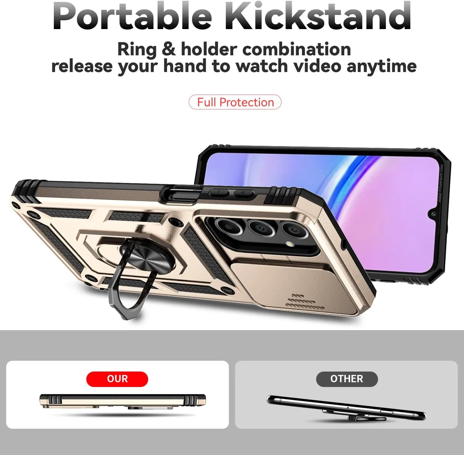 for Galaxy A16 5G Phone Case, A16 5G Case,with Screen Protectors and Camera Cover,[Military Grade] 16ft.Drop Tested Cover with Magnetic Kickstand Protective Case for Samsung Galaxy A16 5G, Gold