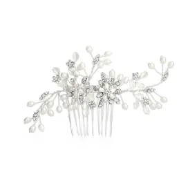 Freshwater Pearl Wedding Hair Comb with Pave Crystal Leaves