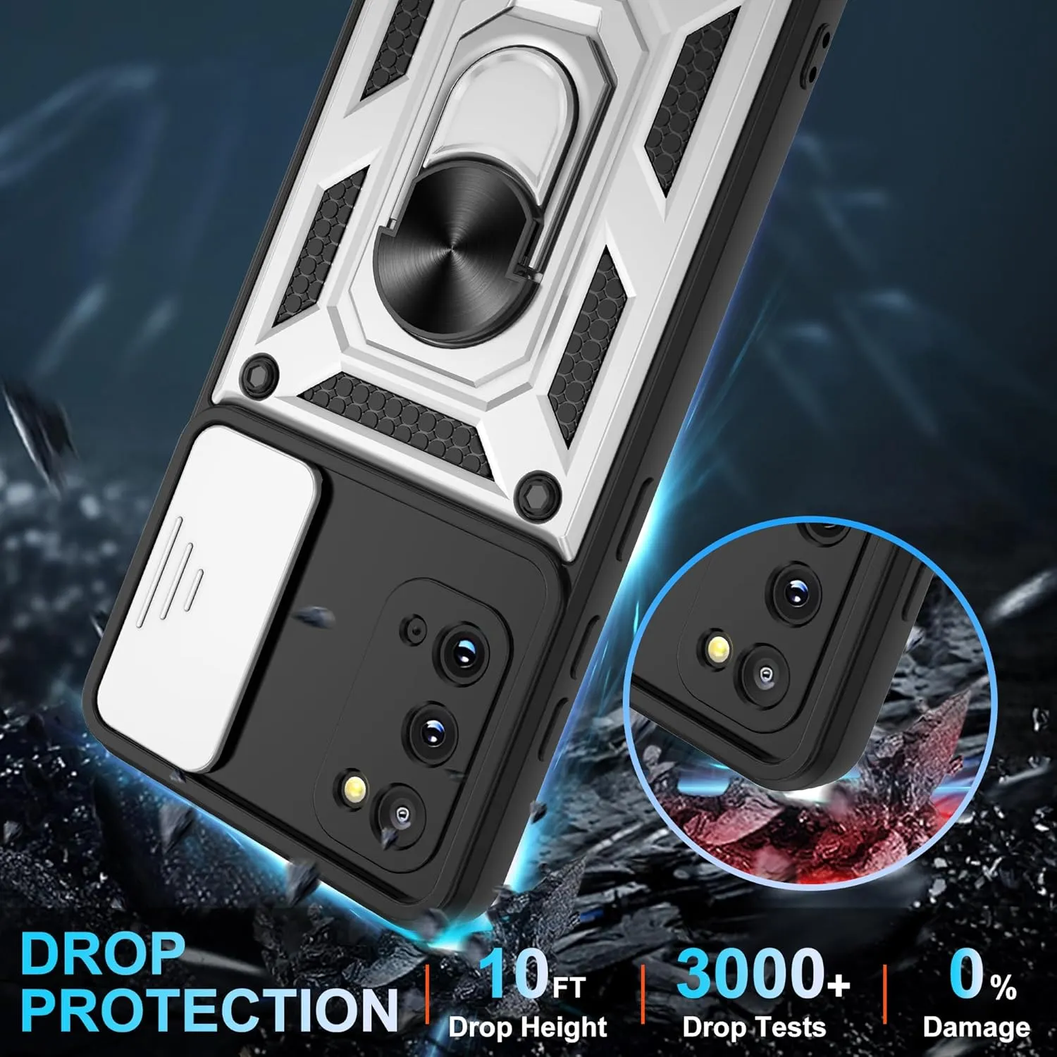 Gritup for Samsung Galaxy-S20 Case with Slide Camera Cover & [HD Screen Protector2],360Rotation Ring Kickstand [Military Grade] Case,Silver