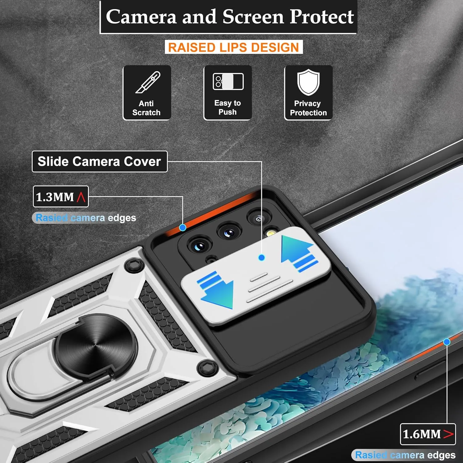 Gritup for Samsung Galaxy-S20 Case with Slide Camera Cover & [HD Screen Protector2],360Rotation Ring Kickstand [Military Grade] Case,Silver