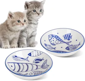 HAPPY KIT 2Pcs Wide Shallow Cat Bowls,8.5oz Colorful Plate Set with Non-Slip Mat,5.7 inch Indoor Ceramic Cats Dish/Dishes Relief of Whisker Fatigue - Microwave and Dishwasher Safe