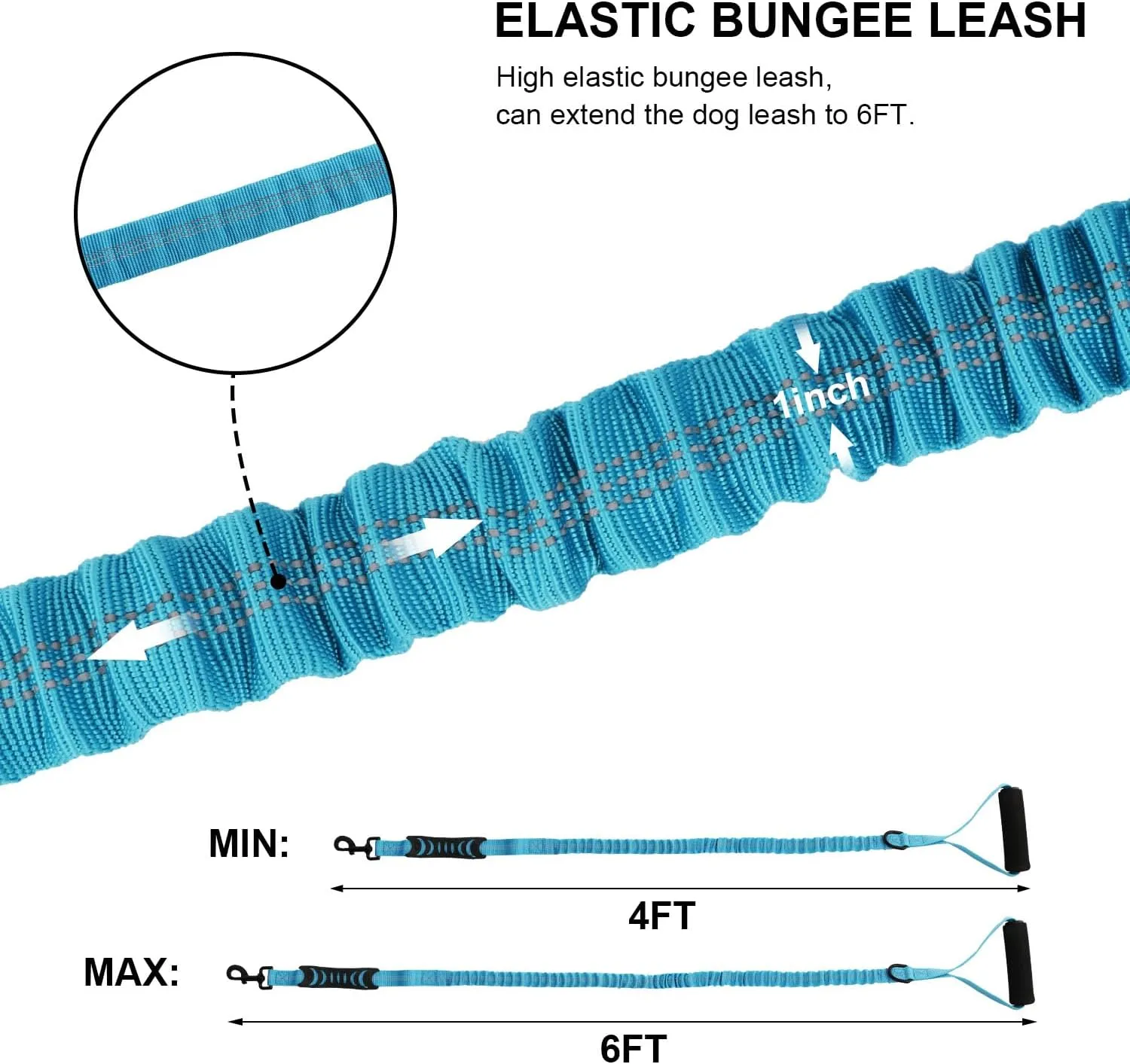 Heavy Duty Bungee Dog Leash with Shock Absorbing & Reflective Stitching - Adjustable 4-6FT Tactical Training Leash for Strong Pullers, Dual Padded Handles for Medium/Large DogsBlue