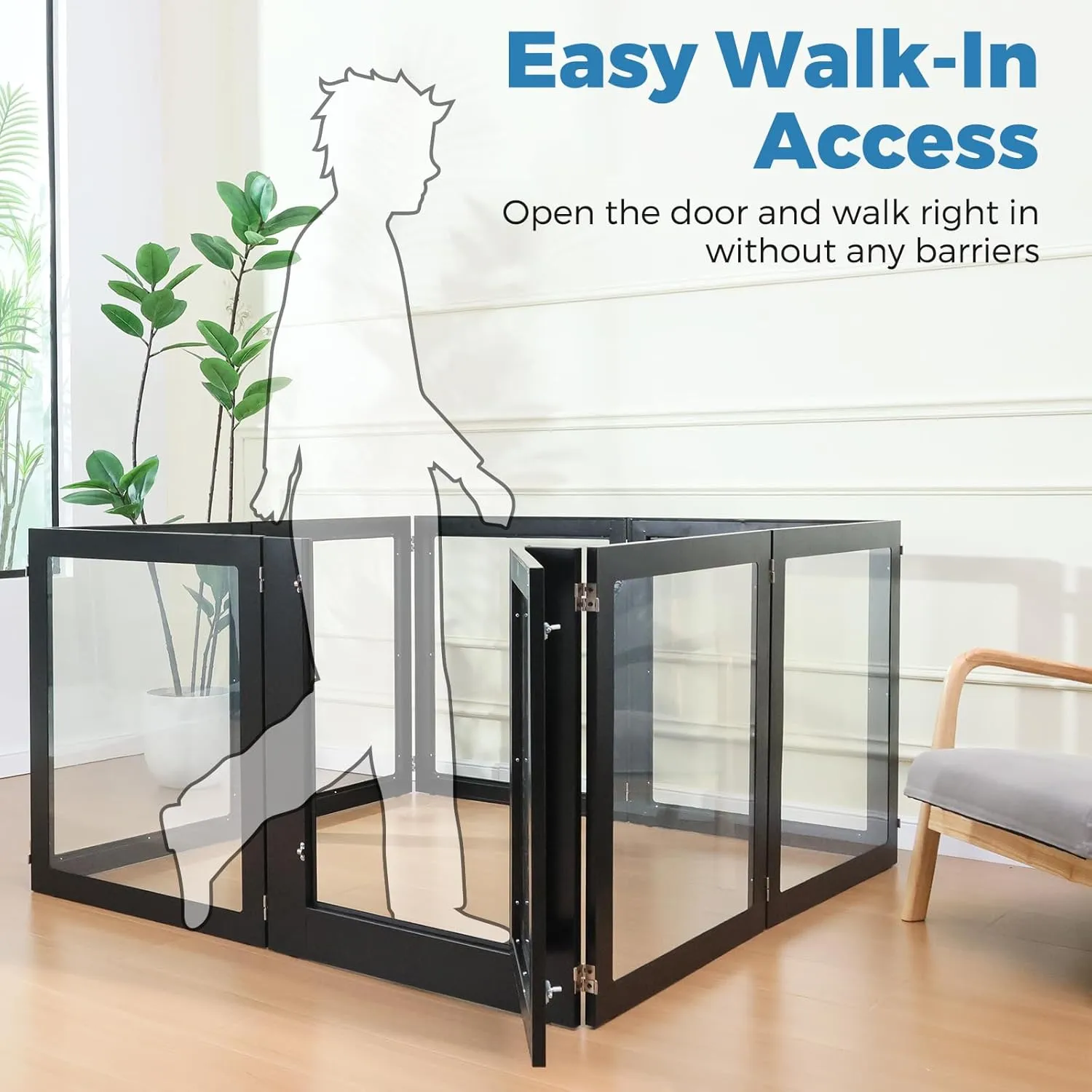 Heavy Duty Clear Acrylic Dog Playpen, Transparent Pet Pen, Metal Frame Easy Assemble Kennel Enclosure, Ideal for Small to Medium Dogs, Cats, and Other Small Pets (Black, 6 Panels with Door)