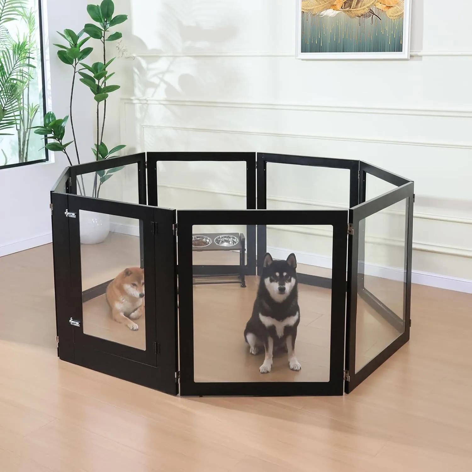 Heavy Duty Clear Acrylic Dog Playpen, Transparent Pet Pen, Metal Frame Easy Assemble Kennel Enclosure, Ideal for Small to Medium Dogs, Cats, and Other Small Pets (Black, 6 Panels with Door)