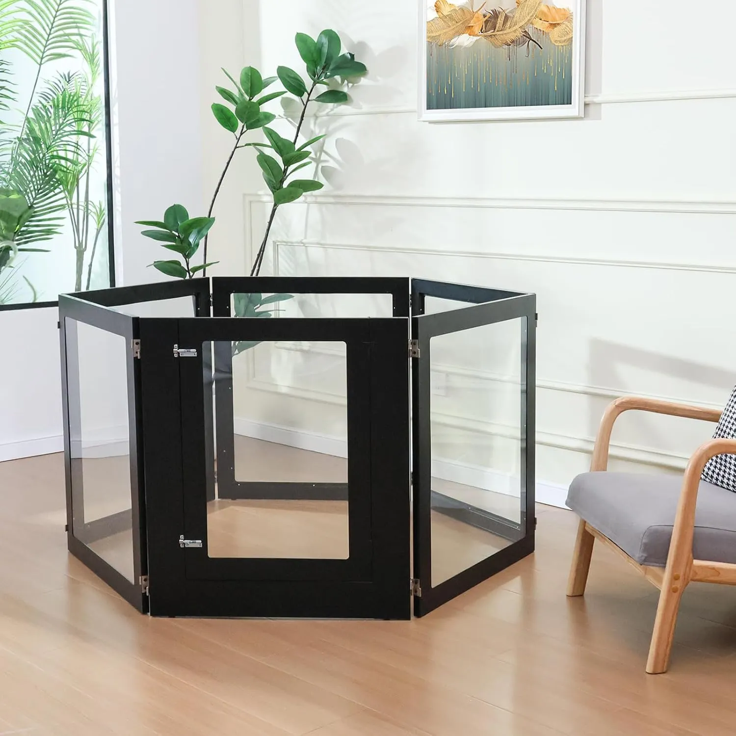 Heavy Duty Clear Acrylic Dog Playpen, Transparent Pet Pen, Metal Frame Easy Assemble Kennel Enclosure, Ideal for Small to Medium Dogs, Cats, and Other Small Pets (Black, 6 Panels with Door)