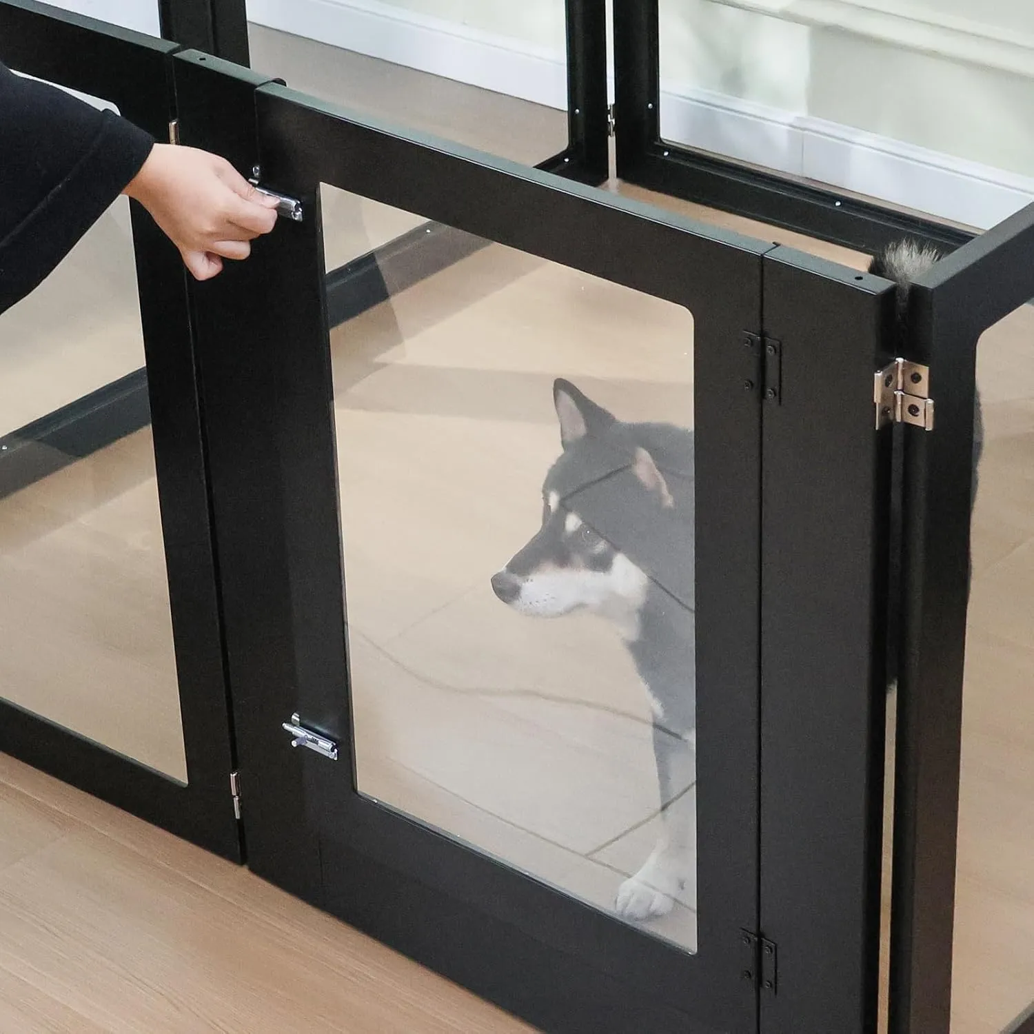 Heavy Duty Clear Acrylic Dog Playpen, Transparent Pet Pen, Metal Frame Easy Assemble Kennel Enclosure, Ideal for Small to Medium Dogs, Cats, and Other Small Pets (Black, 6 Panels with Door)