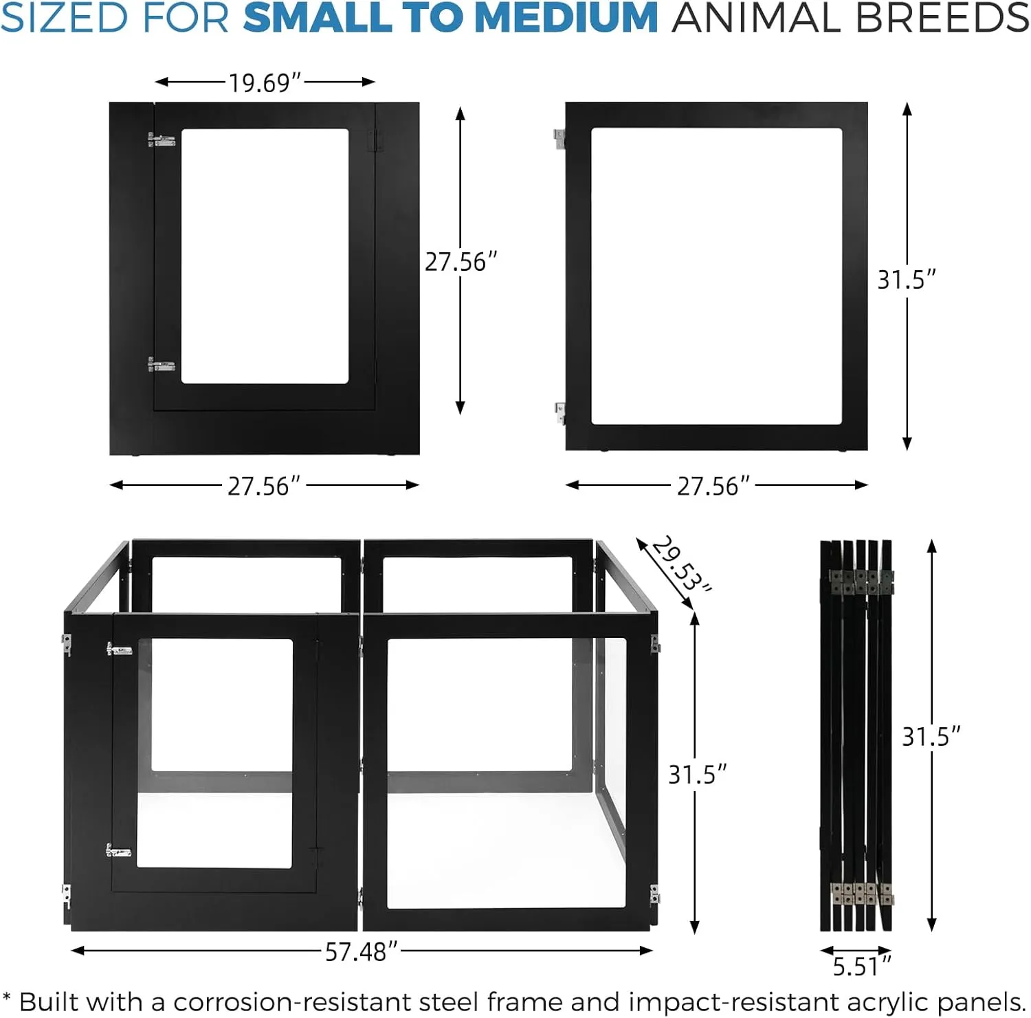 Heavy Duty Clear Acrylic Dog Playpen, Transparent Pet Pen, Metal Frame Easy Assemble Kennel Enclosure, Ideal for Small to Medium Dogs, Cats, and Other Small Pets (Black, 6 Panels with Door)