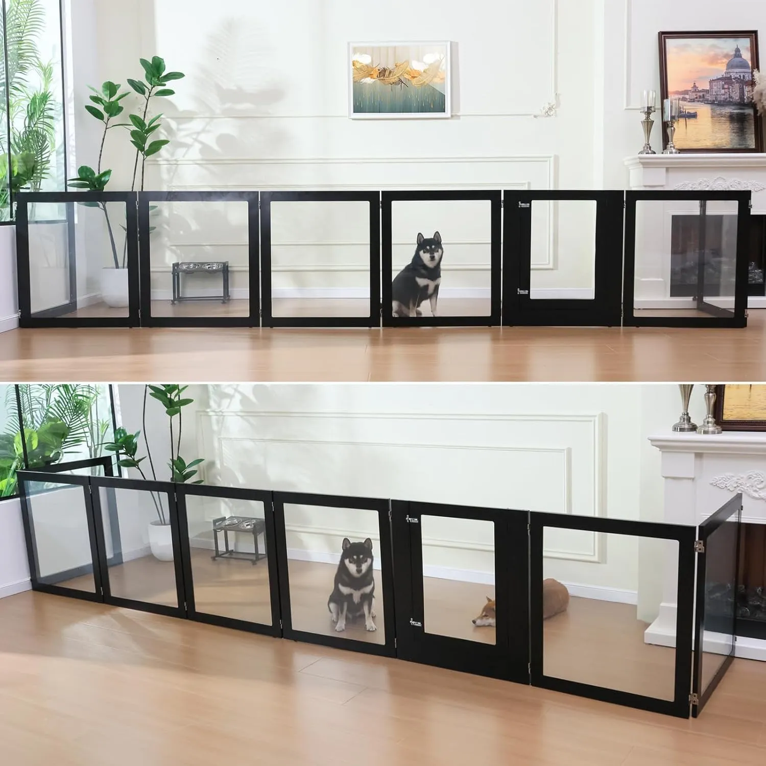Heavy Duty Clear Acrylic Dog Playpen, Transparent Pet Pen, Metal Frame Easy Assemble Kennel Enclosure, Ideal for Small to Medium Dogs, Cats, and Other Small Pets (Black, 6 Panels with Door)
