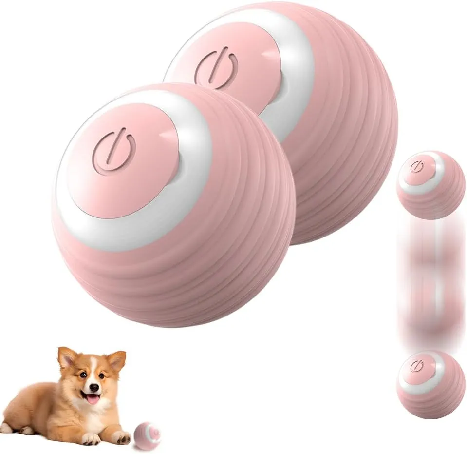 Interactive Dog Toys - Automatic Rolling Ball Toy with LED Flash, USB Rechargeable (2pcs Pink)