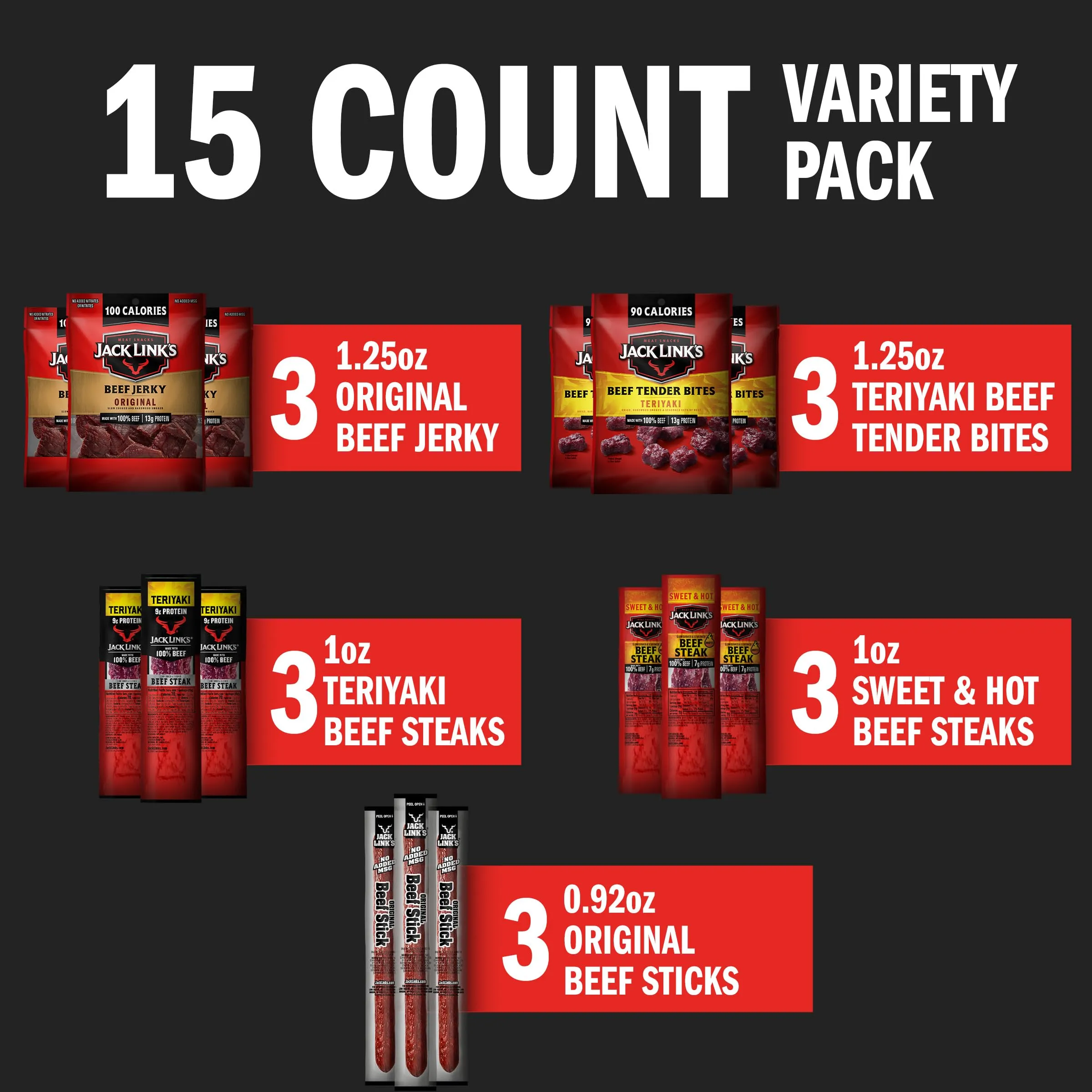 Jack Link's Beef Jerky Gift Basket Variety Pack - Perfect Valentines Day Gifts for Men, Includes Jerky, Meat Sticks, and Beef Steaks, Great Hunting Trip Snacks, 15-Piece Assorted Meat Snack Pack