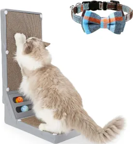 Joytale L Shaped Cat Scratcher and Cat Collar with Bells Set, Interactive Cat Scratching Board with 2 Ball Toys and 1 Pack Breakaway Cat Collars with Bow Tie, Haze Blue