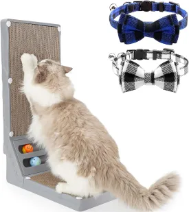 Joytale L Shaped Cat Scratcher and Cat Collar with Bells Set, Interactive Cat Scratching Board with 2 Ball Toys and 2 Pack Breakaway Cat Collars with Bow Tie, Black Blue