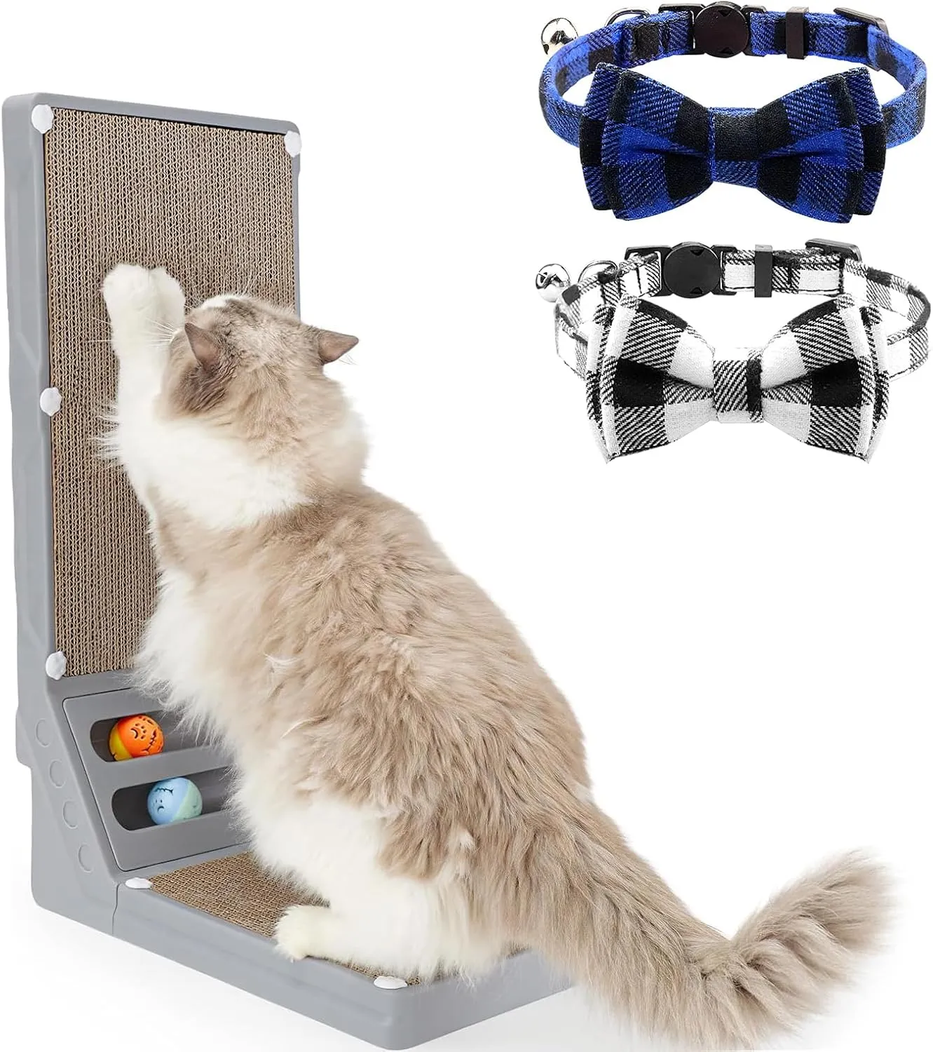Joytale L Shaped Cat Scratcher and Cat Collar with Bells Set, Interactive Cat Scratching Board with 2 Ball Toys and 2 Pack Breakaway Cat Collars with Bow Tie, Black Blue