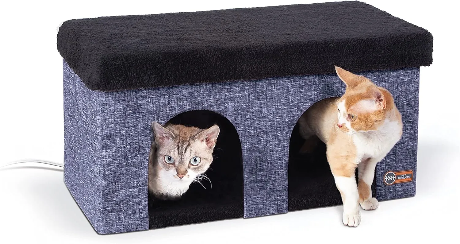 K&H Pet Products Thermo-Kitty Duplex Indoor Heated Cat House, Large Cat Cave for Pet Heated Cat House, Foldable Cat Hideaway Classy Navy 12 X 24 X 12