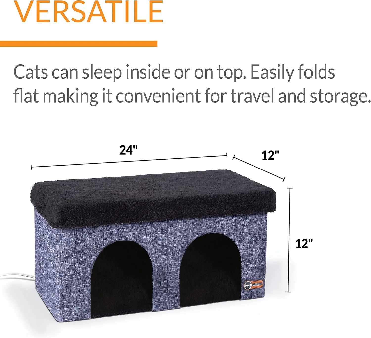 K&H Pet Products Thermo-Kitty Duplex Indoor Heated Cat House, Large Cat Cave for Pet Heated Cat House, Foldable Cat Hideaway Classy Navy 12 X 24 X 12