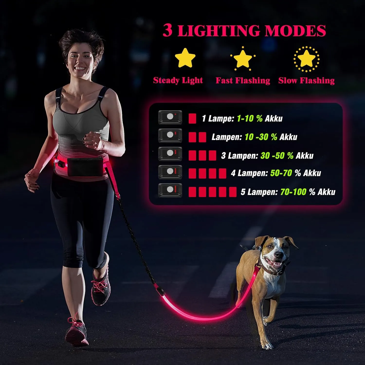 LED Hands Free Dog Leash, Waist Leash for Dog Walking, Retractable Bungee Light Up Dog Leash, LED Handless Dog Running Leash, Reflective Running Leash for Jogging Training Hiking (Pink)