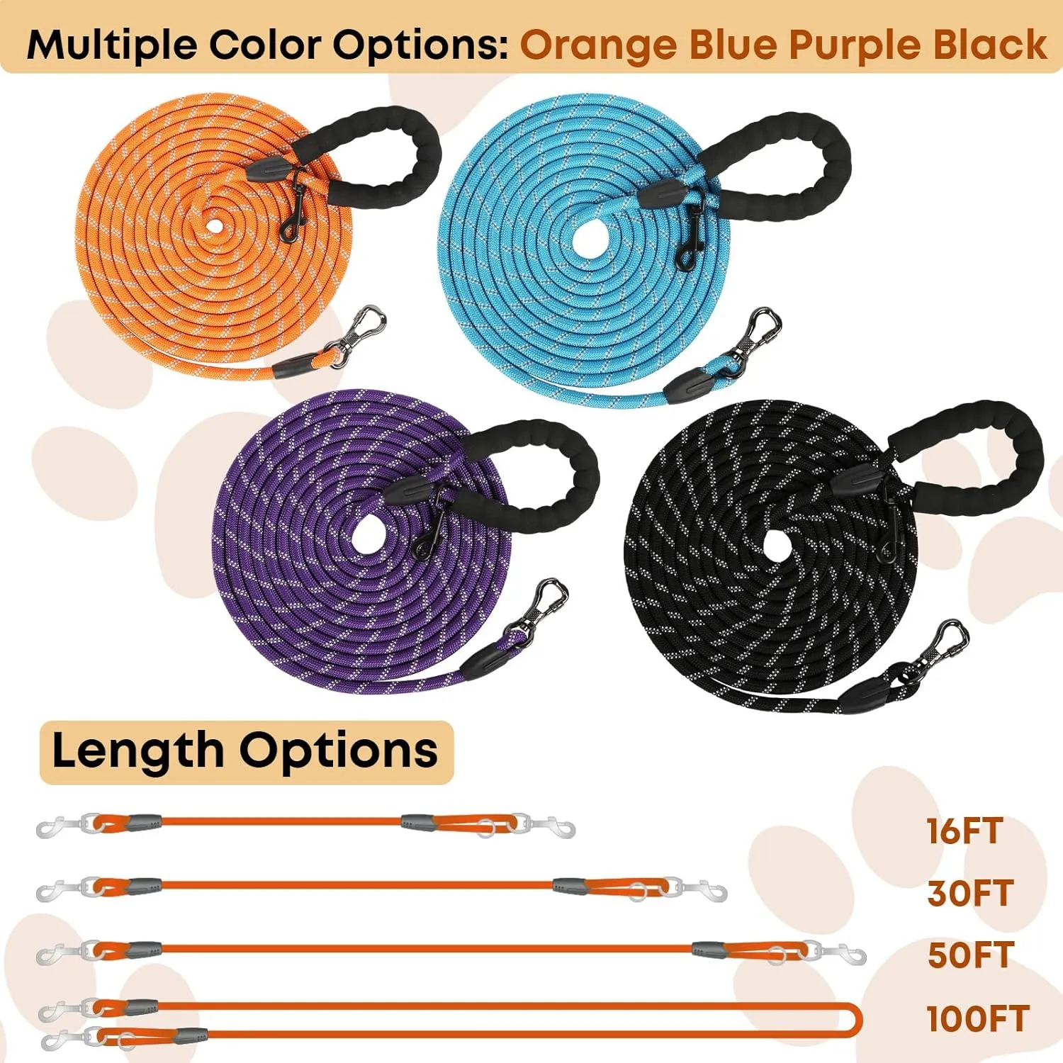 Long Dog Leash for Dog Training 16FT/30FT/50FT/100FT, Reflective Dog Leash with Lockable Hook, Heavy Duty Dog Lead Tie Out Rope for Large Medium Small Dogs Outside Walking, Playing, Camping, or Yard