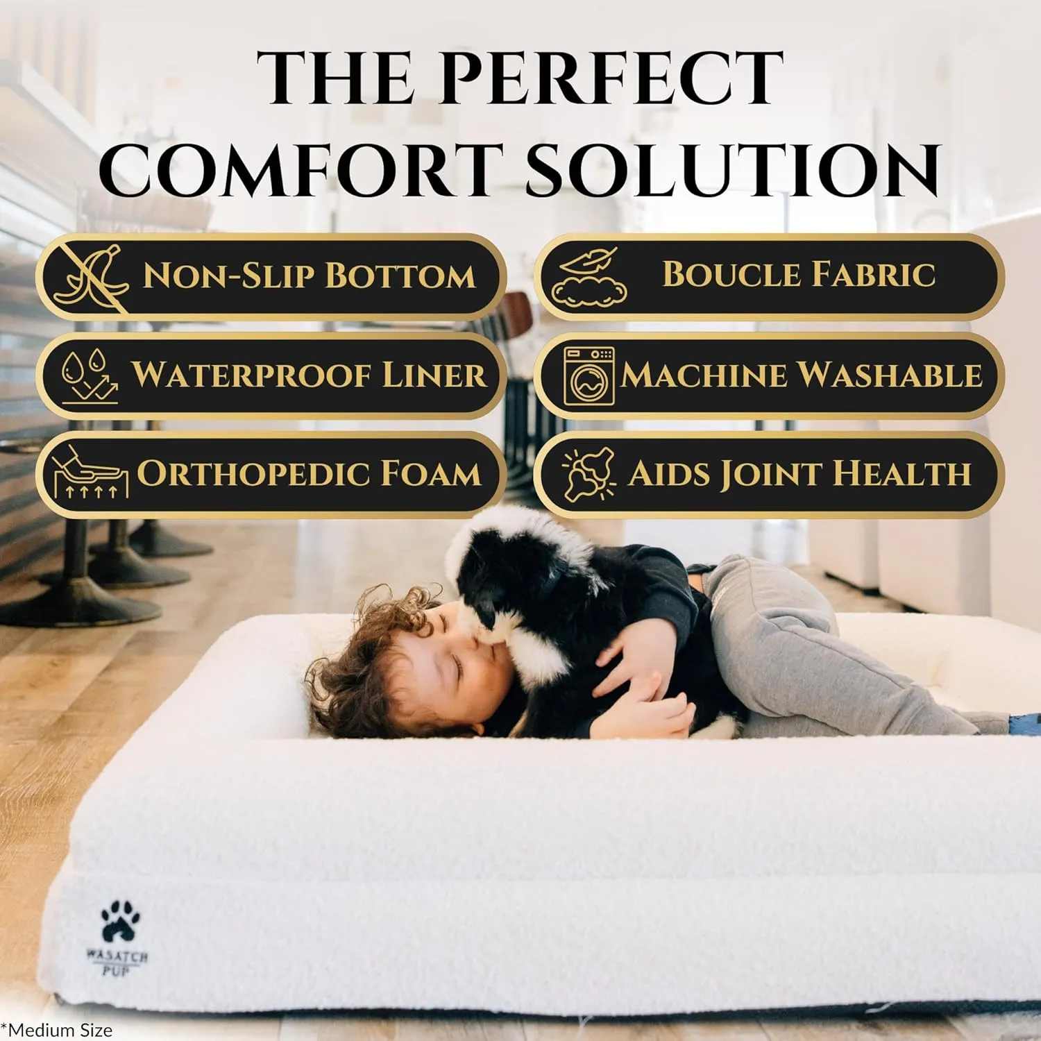 Luxury Boucle Fabric Orthopedic Dog Bed with Memory Foam | Breathable Comfort and Washable Dog Couch Bed with Waterproof Liner & Cover | Sofa Beds for Medium Dogs - Bone 37"x30"x7.7"