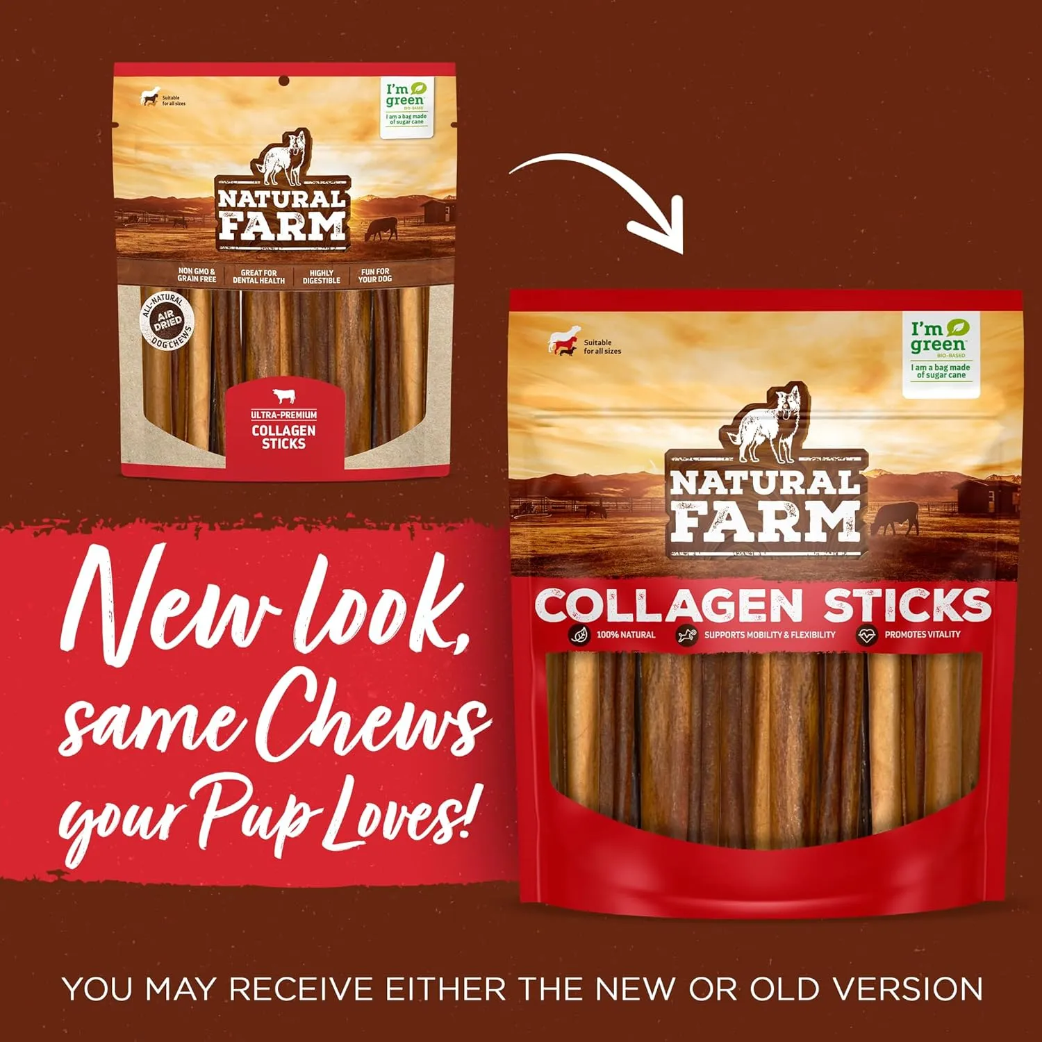 Natural Farm Peanut Butter Flavor Collagen Sticks for Dogs (6 Inch, 25 Pack), Long-Lasting Beef Collagen Sticks, Rawhide Alternative Chews with Chondroitin & Glucosamine, Low-Fat Dental Treats