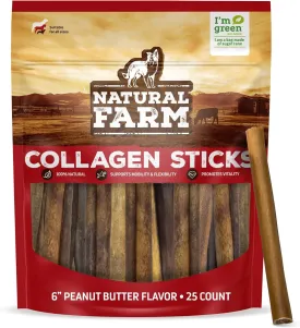 Natural Farm Peanut Butter Flavor Collagen Sticks for Dogs (6 Inch, 25 Pack), Long-Lasting Beef Collagen Sticks, Rawhide Alternative Chews with Chondroitin & Glucosamine, Low-Fat Dental Treats