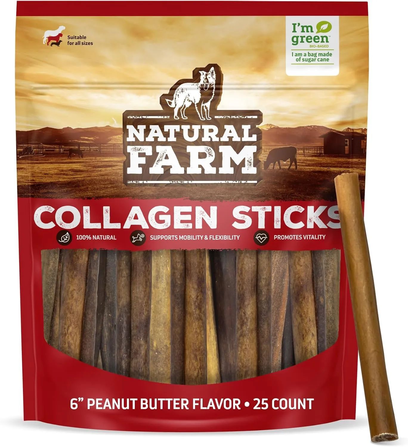 Natural Farm Peanut Butter Flavor Collagen Sticks for Dogs (6 Inch, 25 Pack), Long-Lasting Beef Collagen Sticks, Rawhide Alternative Chews with Chondroitin & Glucosamine, Low-Fat Dental Treats