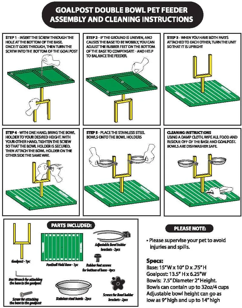NFL Philadelphia Eagles Goalpost Football Field Dog Feeder  Adjustable Elevated Dog Bowls with Stand, 2 Stainless Steel Bowls, Non-Slip Rubber Feet, Raised Pet Feeder for Large & Small Dogs, Cats.