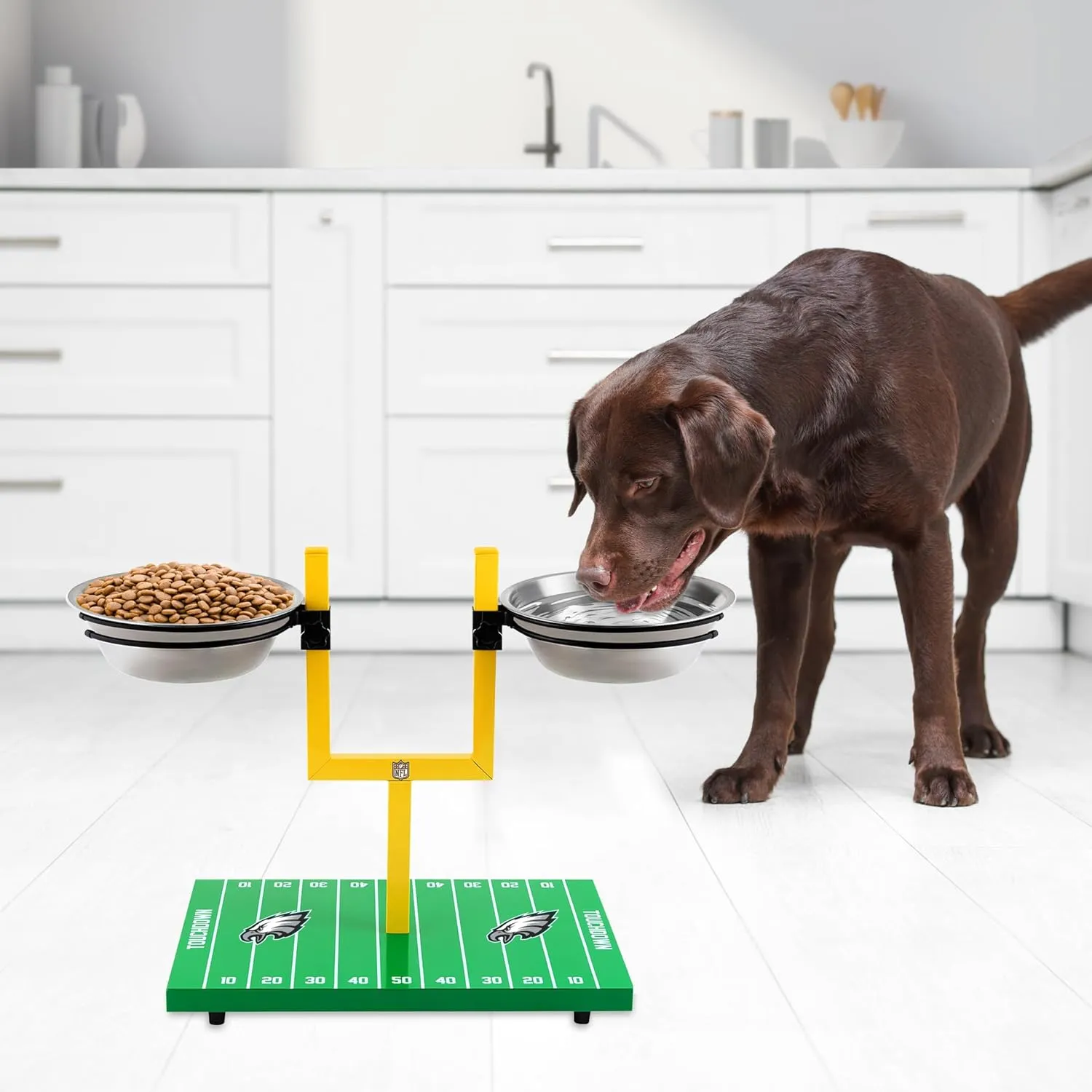 NFL Philadelphia Eagles Goalpost Football Field Dog Feeder  Adjustable Elevated Dog Bowls with Stand, 2 Stainless Steel Bowls, Non-Slip Rubber Feet, Raised Pet Feeder for Large & Small Dogs, Cats.