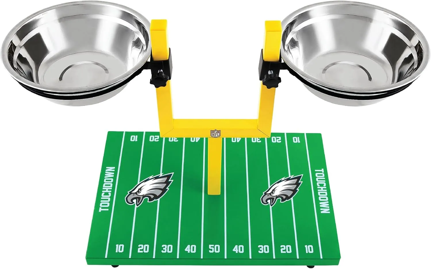 NFL Philadelphia Eagles Goalpost Football Field Dog Feeder  Adjustable Elevated Dog Bowls with Stand, 2 Stainless Steel Bowls, Non-Slip Rubber Feet, Raised Pet Feeder for Large & Small Dogs, Cats.