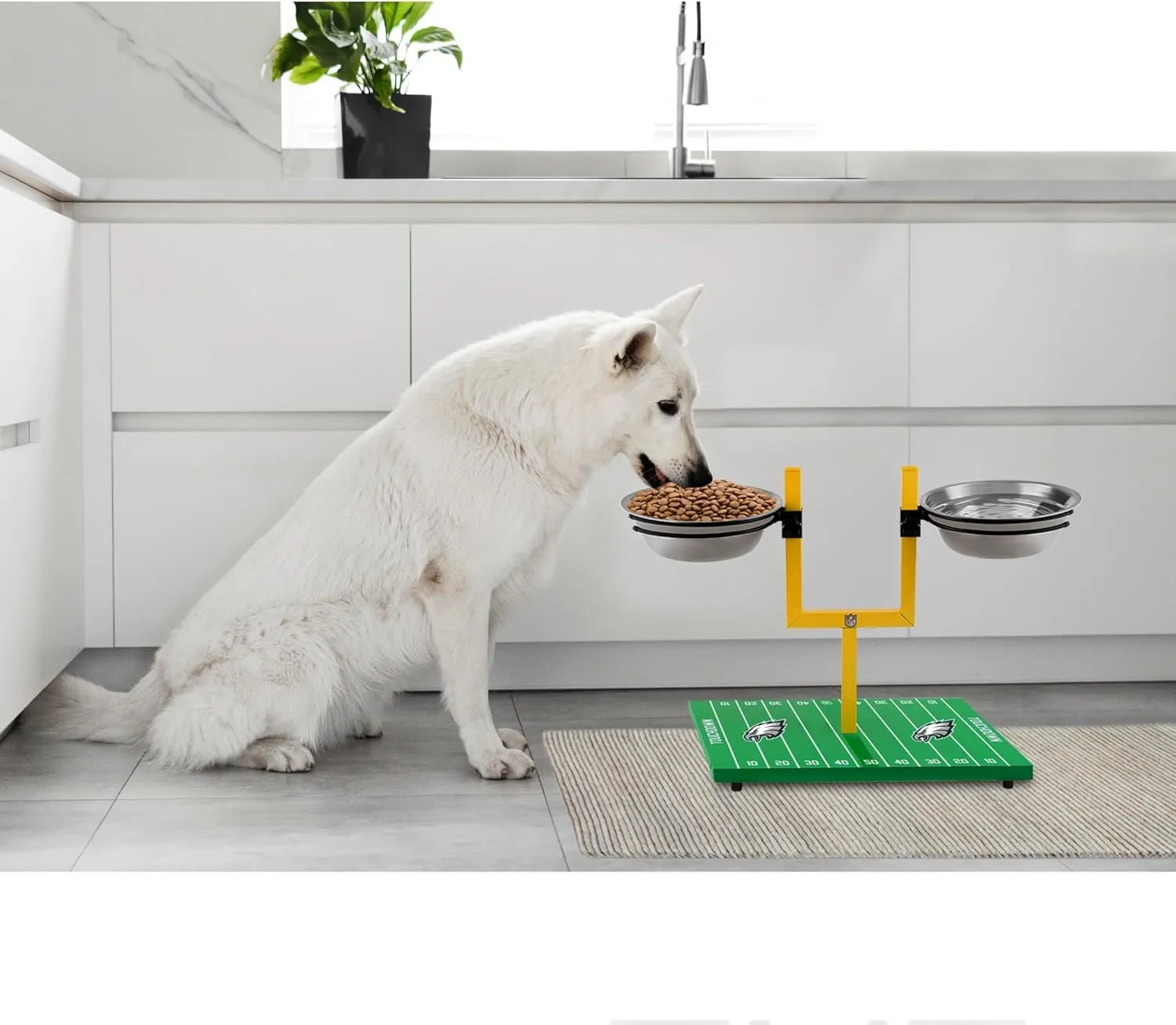 NFL Philadelphia Eagles Goalpost Football Field Dog Feeder  Adjustable Elevated Dog Bowls with Stand, 2 Stainless Steel Bowls, Non-Slip Rubber Feet, Raised Pet Feeder for Large & Small Dogs, Cats.
