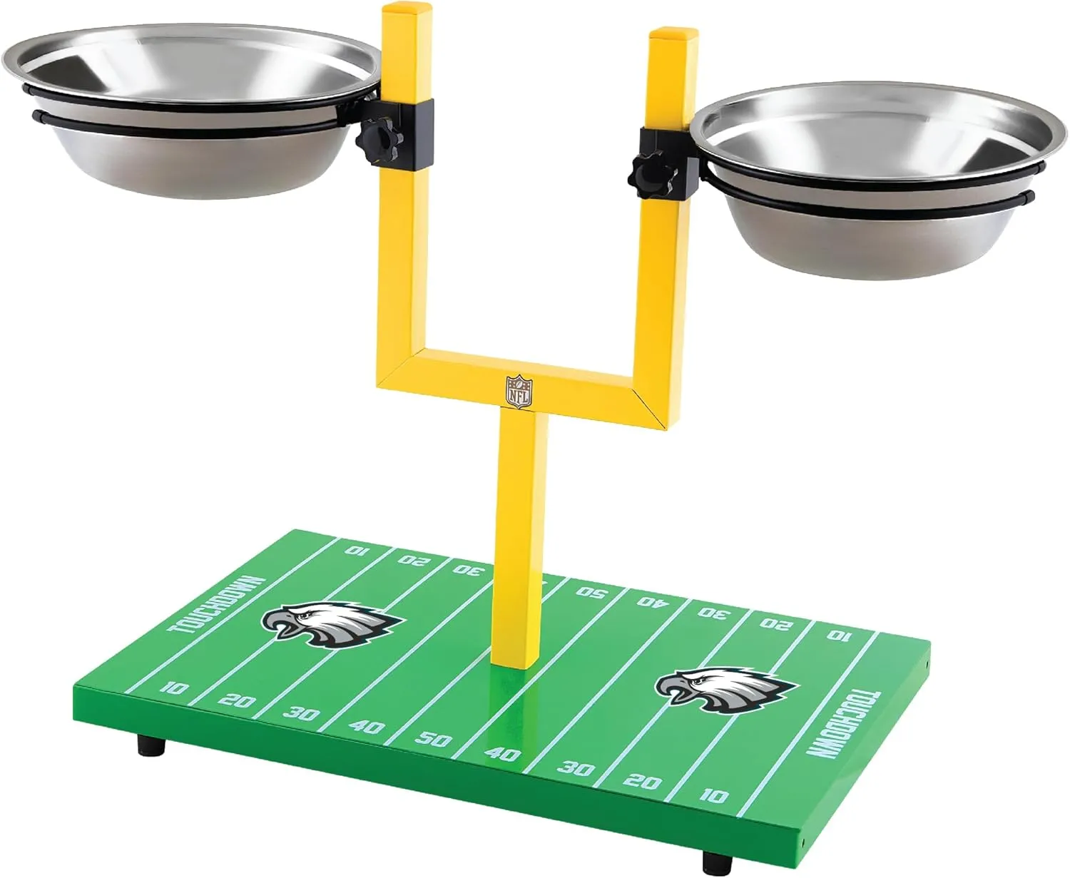 NFL Philadelphia Eagles Goalpost Football Field Dog Feeder  Adjustable Elevated Dog Bowls with Stand, 2 Stainless Steel Bowls, Non-Slip Rubber Feet, Raised Pet Feeder for Large & Small Dogs, Cats.