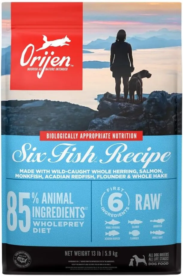 ORIJEN Six Fish Dry Dog Food, Grain Free and Chicken Free Dog Food, Fresh or Raw Ingredients, 13lb