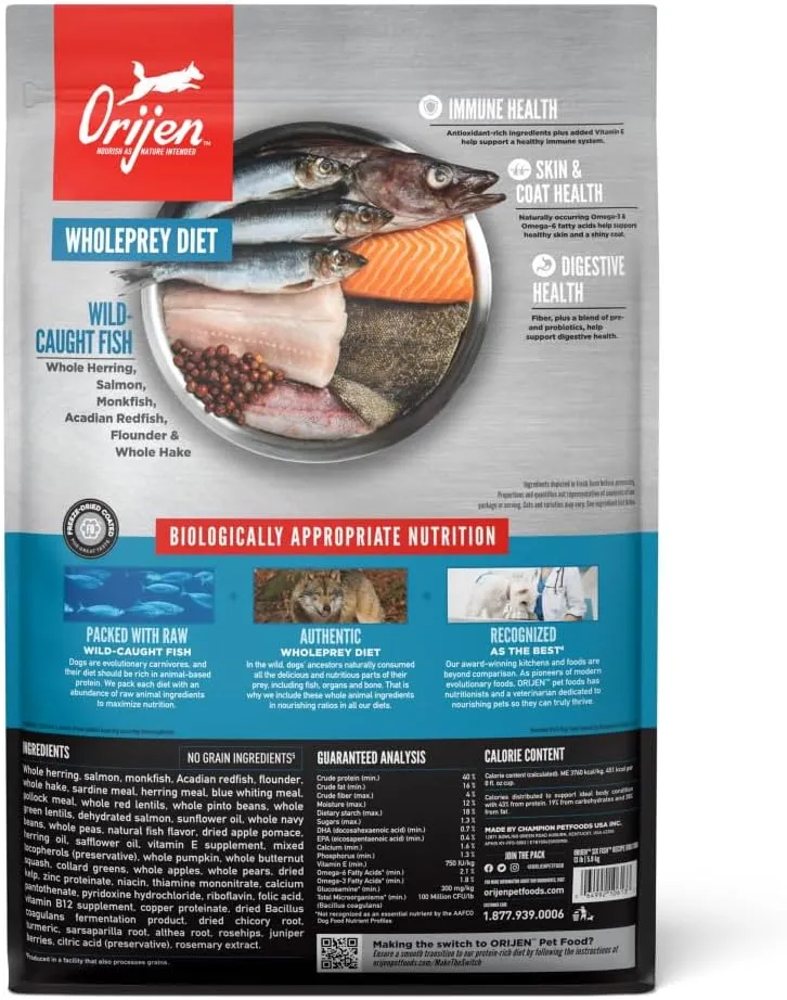 ORIJEN Six Fish Dry Dog Food, Grain Free and Chicken Free Dog Food, Fresh or Raw Ingredients, 13lb