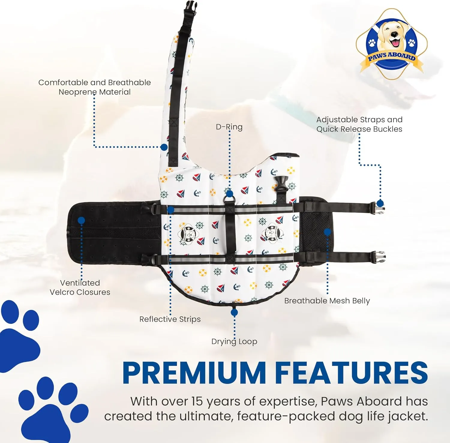 Paws Aboard Dog Life Jacket - Keep Your Canine Safe with a Neoprene Life Vest for Swimming and Boating - Available in Different Sizes, Color and Design to Choose - Nautical Dog, Small