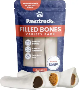Pawstruck Large 5-6 Filled Dog Bones Variety Pack - Peanut Butter, Cheese & Bacon, Beef Flavors - Made in USA, Long Lasting Stuffed Femur Treat for Aggressive Chewers - Pack of 3, Packaging May Vary