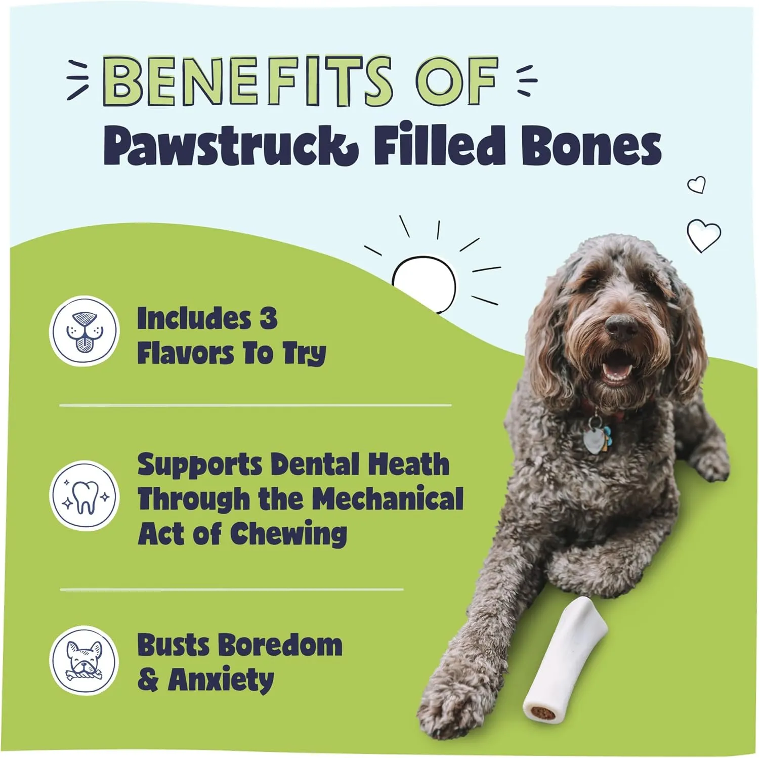 Pawstruck Large 5-6 Filled Dog Bones Variety Pack - Peanut Butter, Cheese & Bacon, Beef Flavors - Made in USA, Long Lasting Stuffed Femur Treat for Aggressive Chewers - Pack of 3, Packaging May Vary