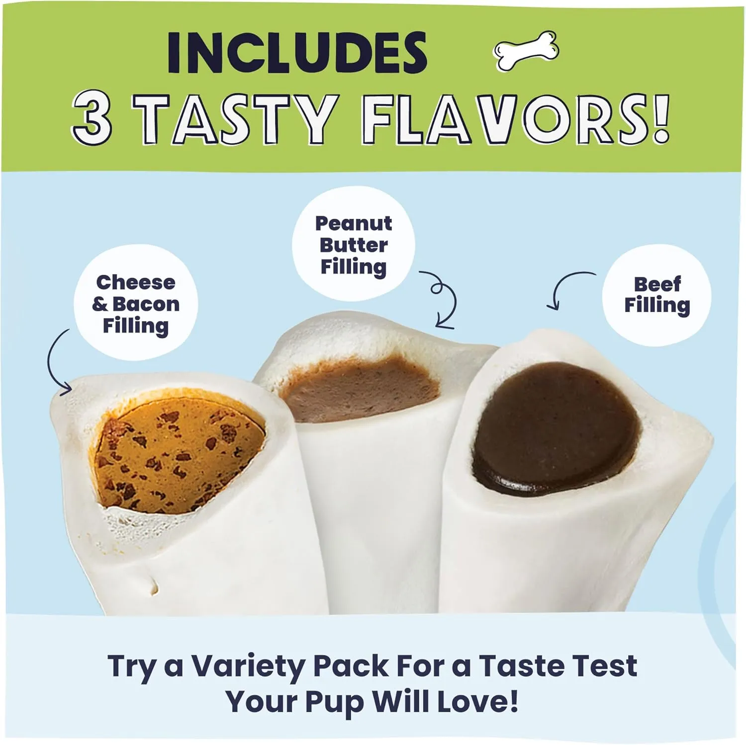 Pawstruck Large 5-6 Filled Dog Bones Variety Pack - Peanut Butter, Cheese & Bacon, Beef Flavors - Made in USA, Long Lasting Stuffed Femur Treat for Aggressive Chewers - Pack of 3, Packaging May Vary